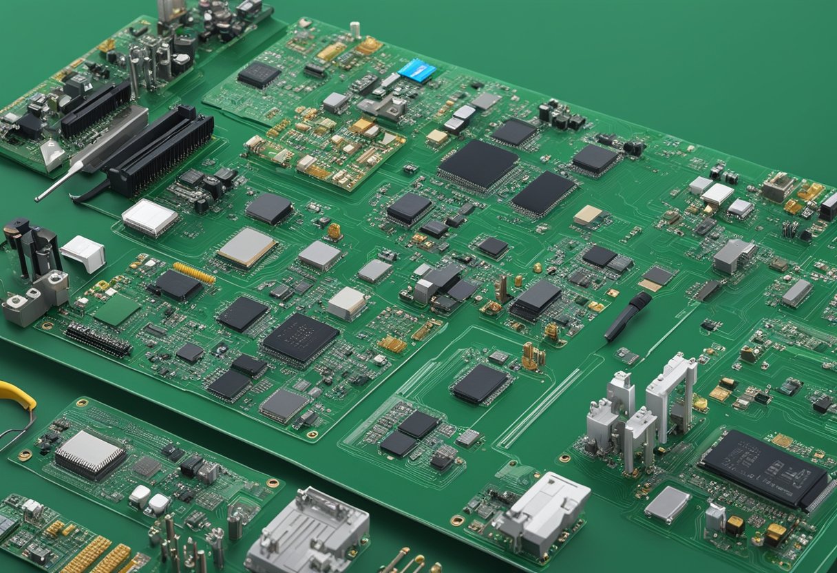 The LG PCBs are arranged on a workbench, with various electronic components neatly soldered onto the green circuit boards. Soldering equipment and small tools are scattered around the work area