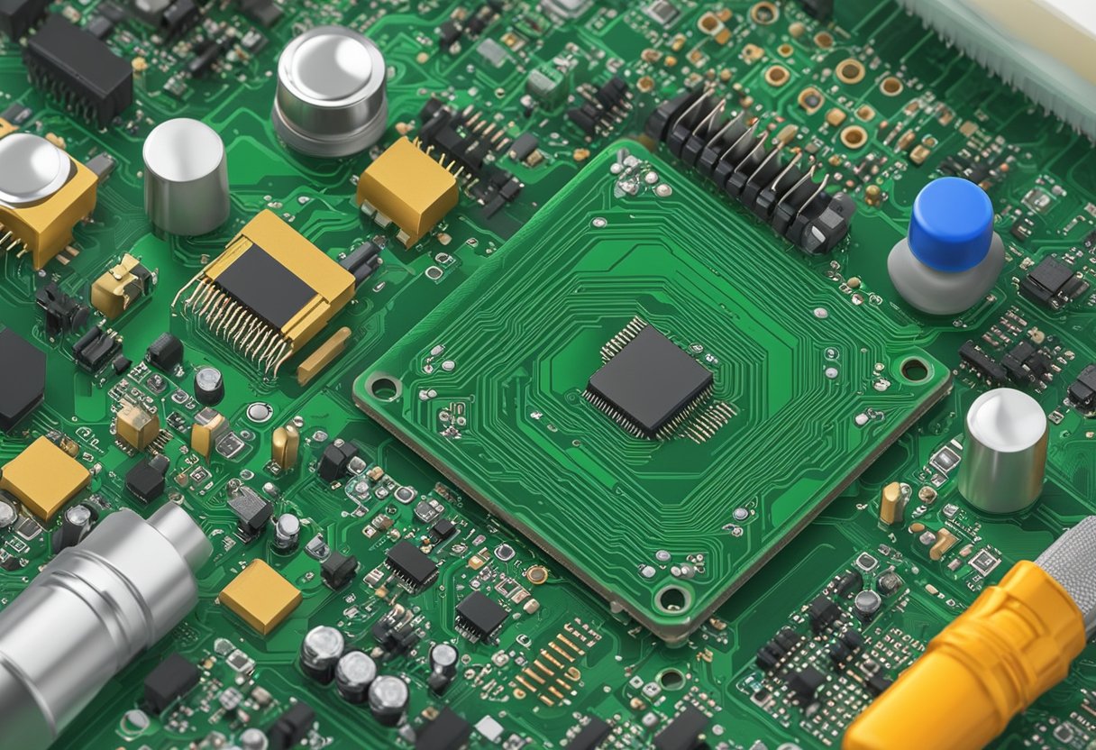 Electronic components arranged on a printed circuit board, soldered connections, and a soldering iron in the background