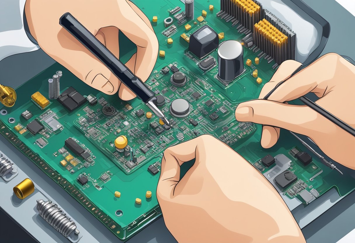 A technician soldering components onto a medical PCB assembly with precision and focus. Soldering iron, magnifying glass, and circuit board visible