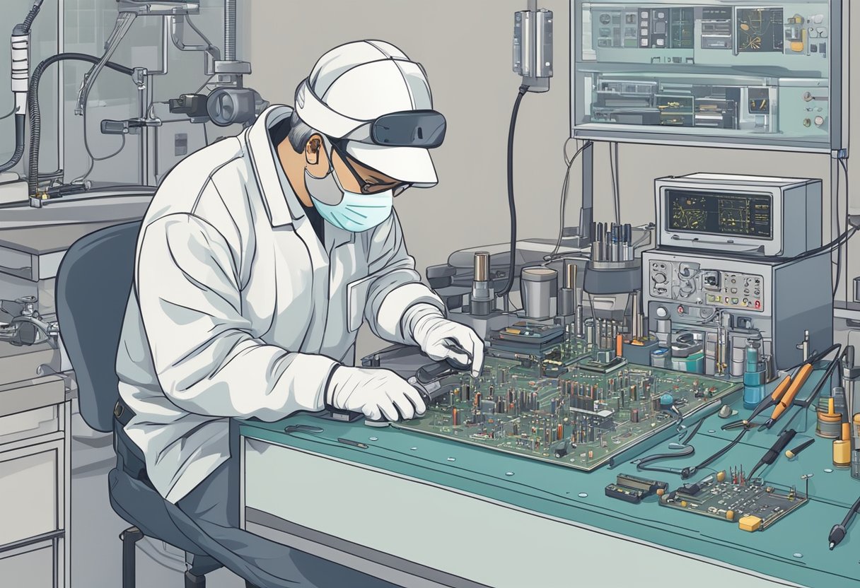 A technician carefully soldering components onto a medical PCB, with precision tools and equipment laid out on a clean, well-lit workbench