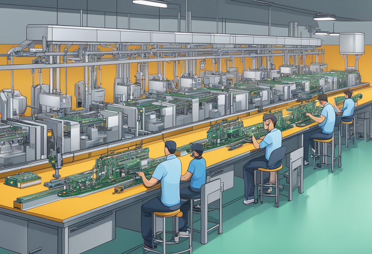 A circuit board assembly line with large machinery and robotic arms in a manufacturing facility