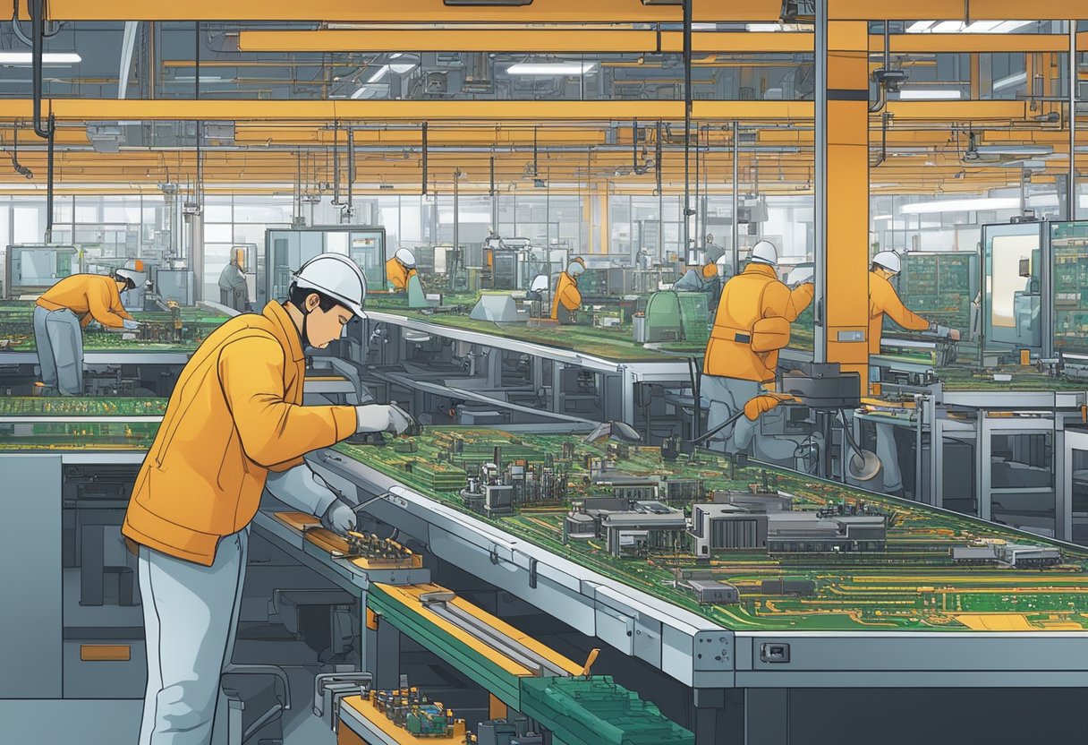 Workers assembling PCBs in a brightly lit factory, surrounded by machinery and tools. Components are meticulously placed onto circuit boards with precision