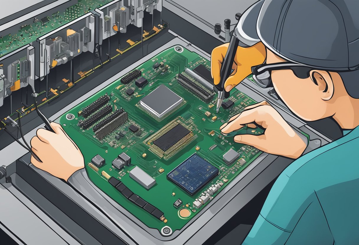 A PCB assembly technician carefully places electronic components onto a printed circuit board, using a soldering iron to secure them in place