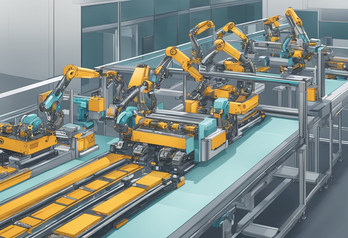 Multiple robotic arms swiftly assembling PCBs on a conveyor belt