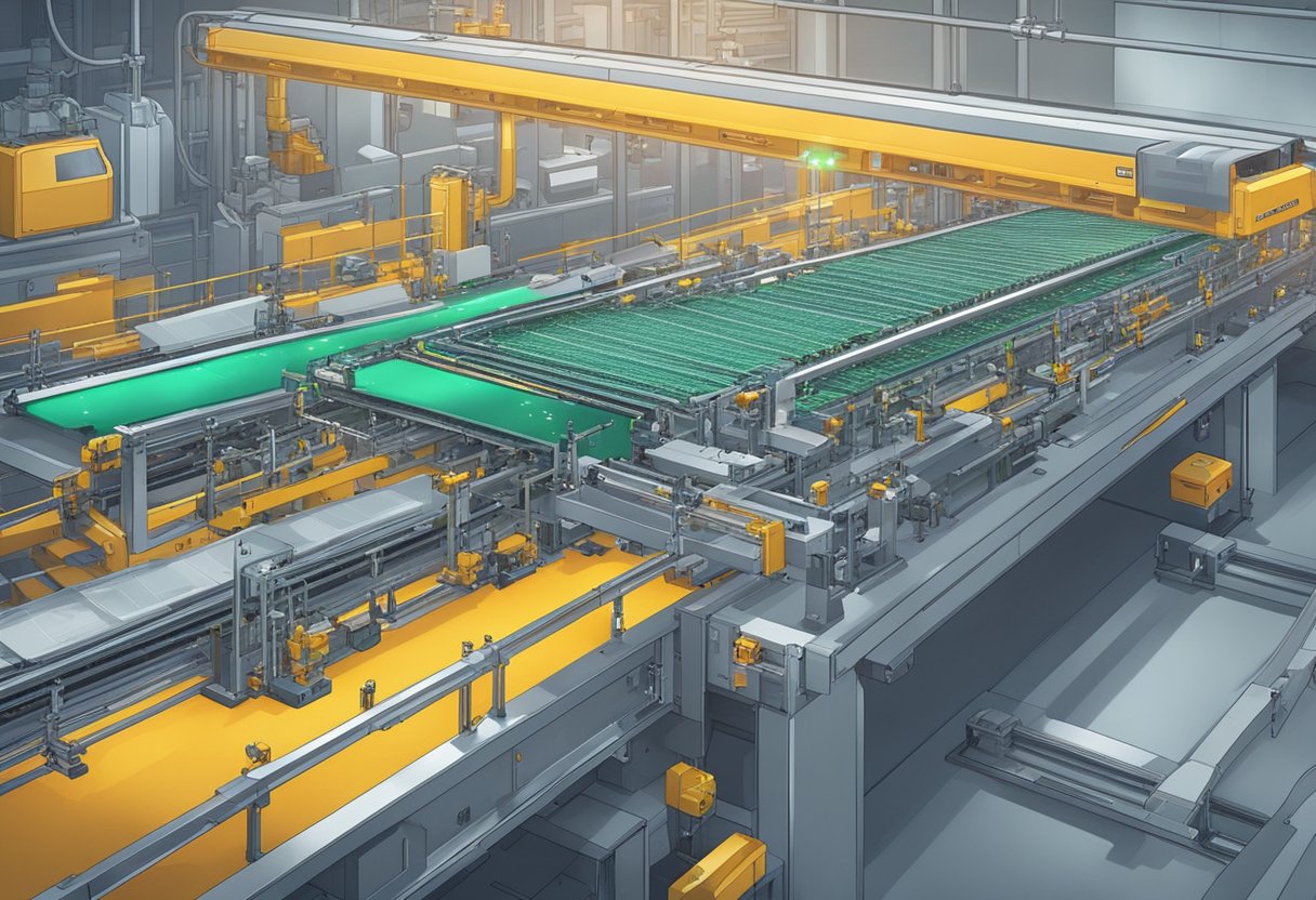A conveyor belt moves PCBs through a high-speed assembly line. Robotic arms swiftly place components onto the boards. Flashing lights indicate the progress of each stage