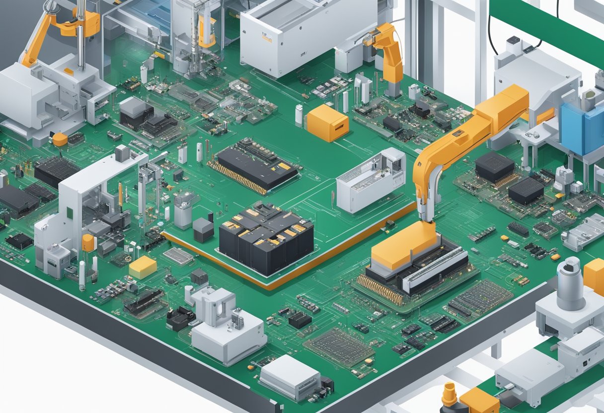 Various electronic components being swiftly assembled onto a printed circuit board by automated machines in a clean and organized manufacturing environment