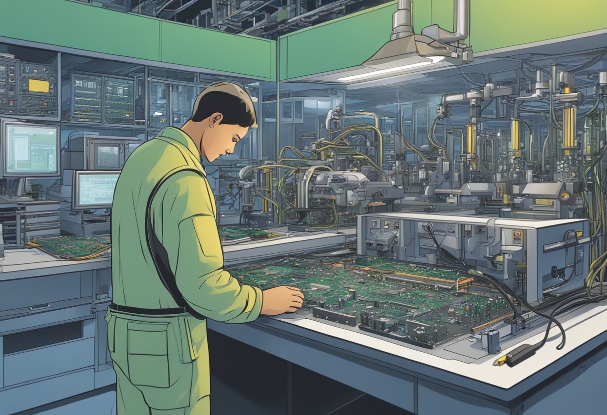 A technician assembles circuit boards in a Colorado factory, surrounded by machinery and tools