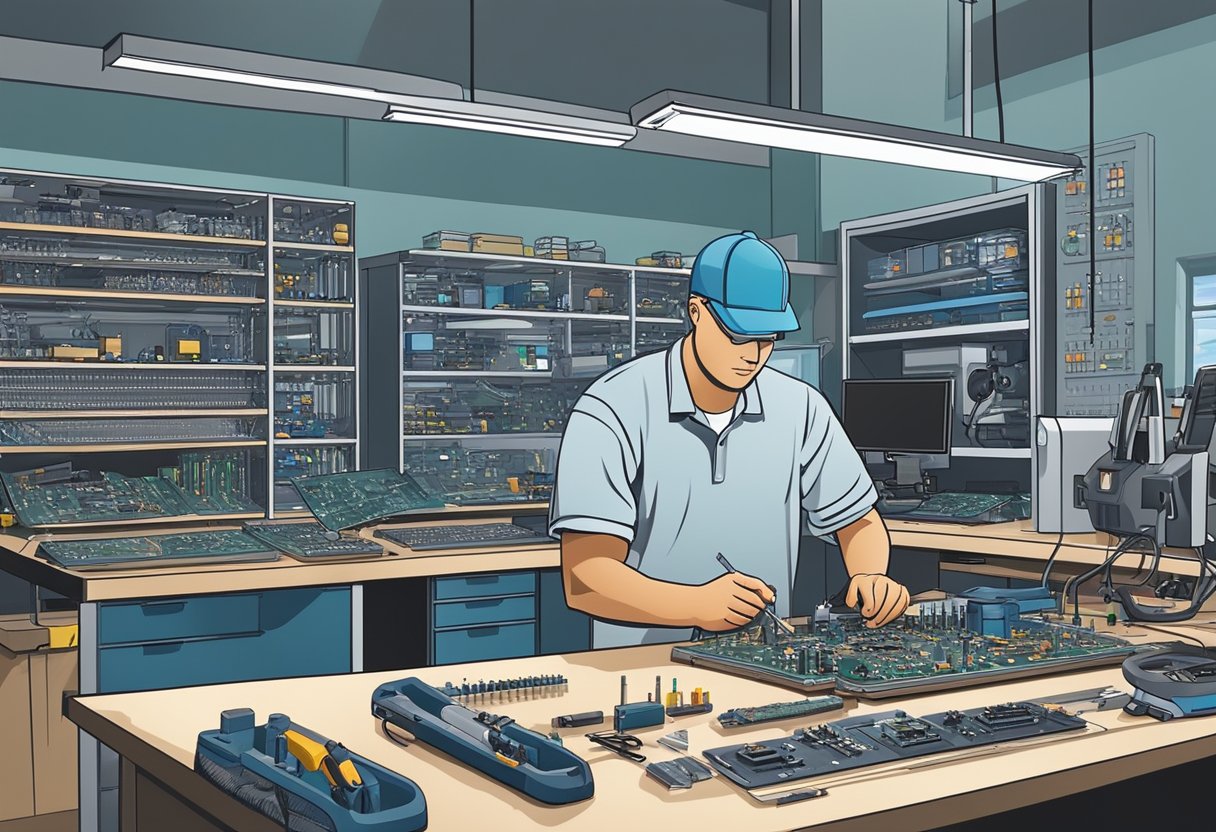 A technician assembles PCB components on a workbench in a well-lit Colorado facility. Various tools and equipment are arranged neatly around the workstation