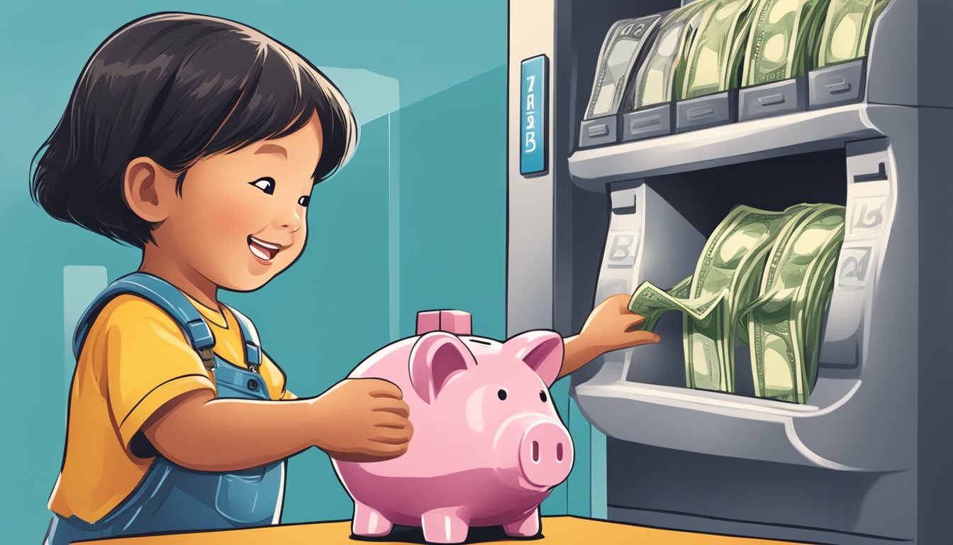 A child happily depositing money into a piggy bank at a reputable bank in Singapore. The bank's logo prominently displayed