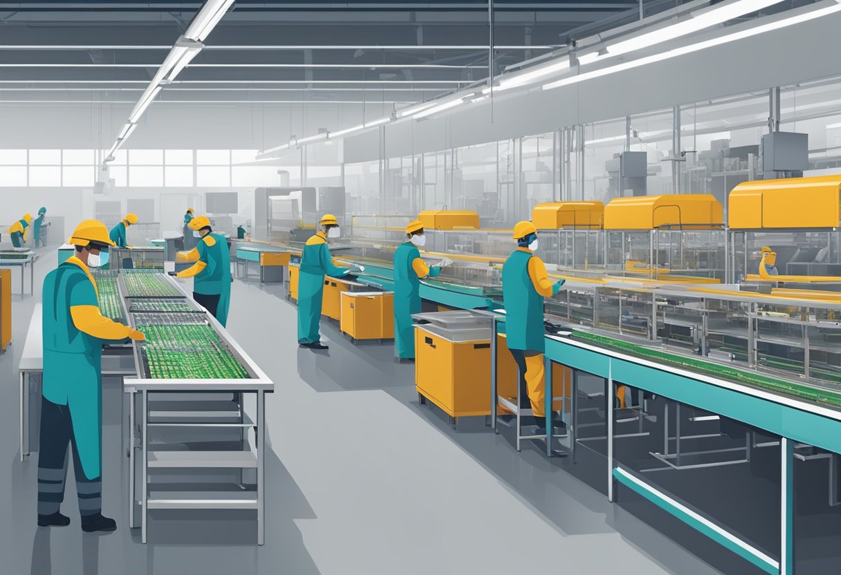 Multiple PCB assembly machines humming in a spacious Colorado warehouse, with workers in protective gear overseeing the production line