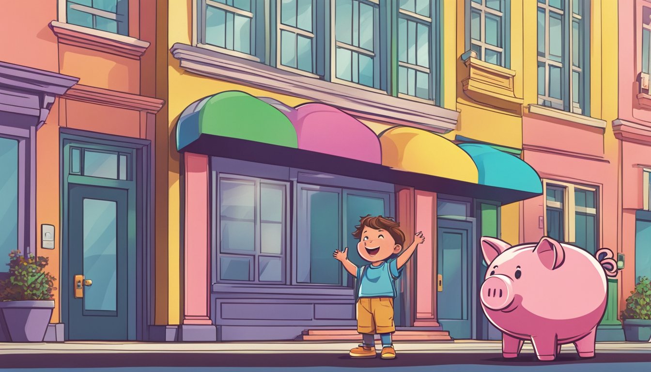 A child standing in front of a colorful bank building with a piggy bank in hand, looking excited and eager to open a savings account