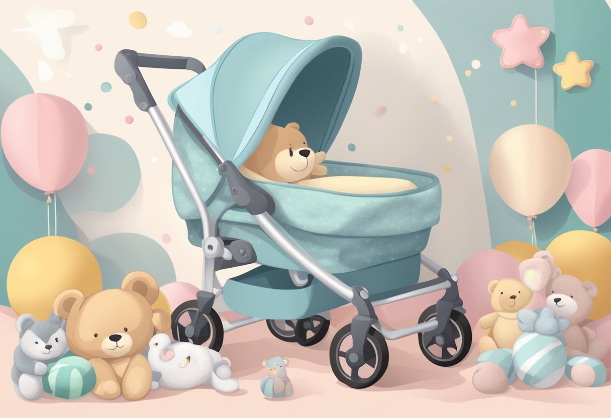 A cozy, soft stroller with a reclining seat and adjustable canopy, surrounded by gentle, pastel-colored toys and a plush blanket