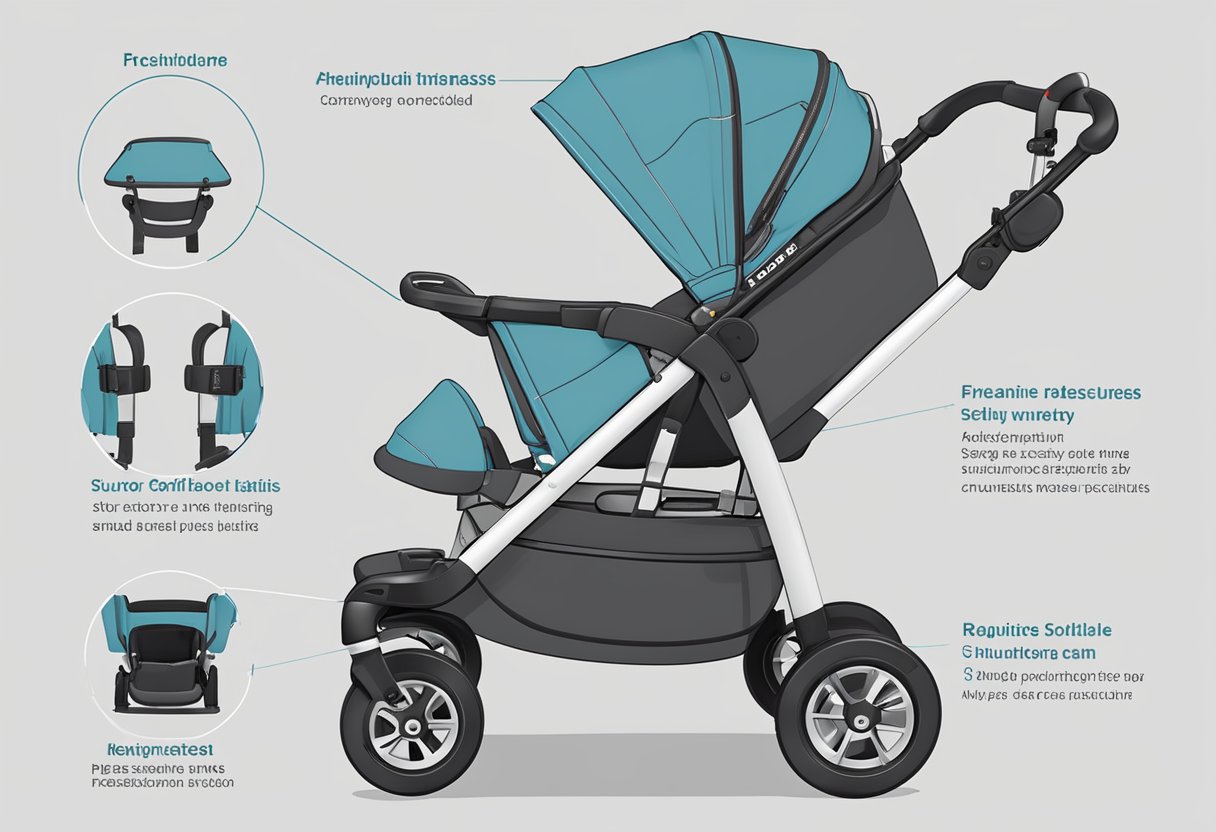 A sturdy stroller with a secure harness and adjustable recline, surrounded by safety labels and instructions