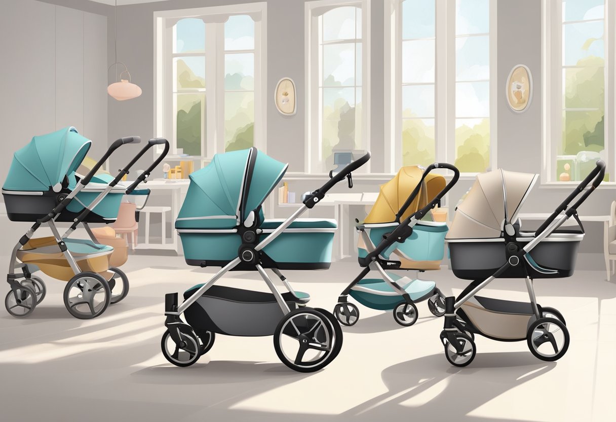A variety of strollers for newborns, including bassinet-style and fully reclining options, are displayed in a spacious and well-lit showroom