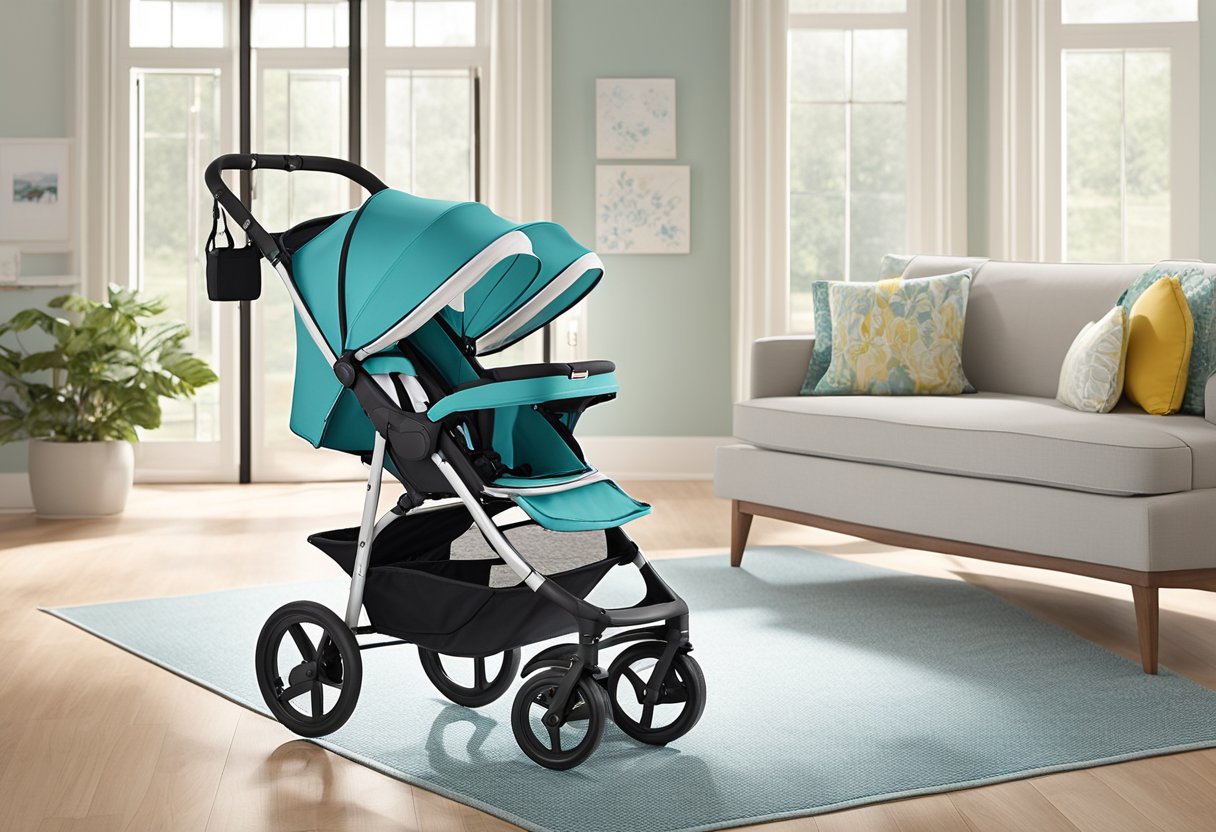 A newborn stroller sits in a bright, airy room. Soft padding and secure straps ensure safety and comfort for the baby. A built-in canopy provides protection from the sun, while a spacious basket below offers storage for essentials