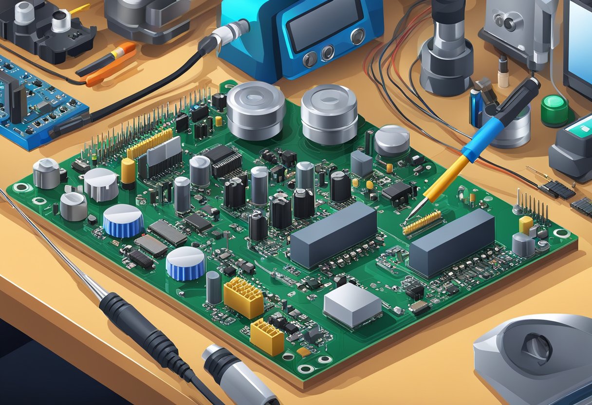 A circuit board being assembled with various electronic components and soldering equipment on a workbench