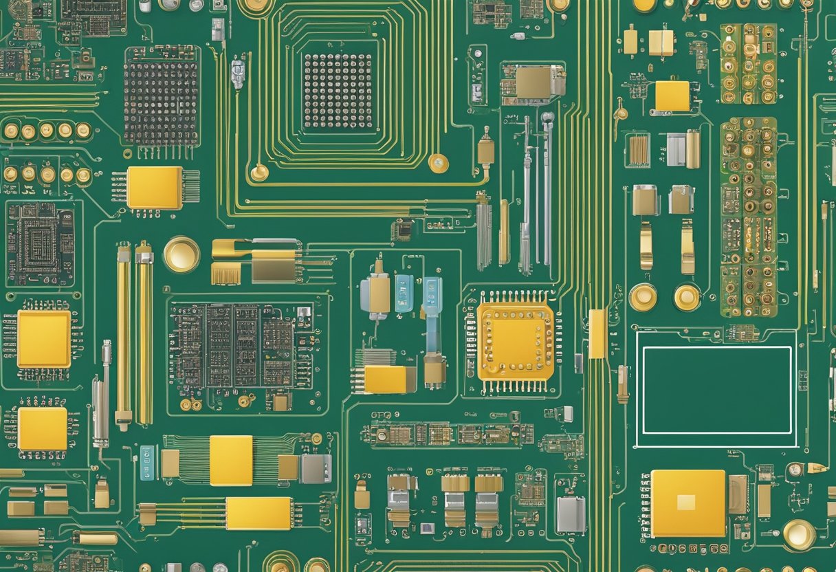 Various electronic components arranged on a printed circuit board (PCB) in a manufacturing setting. Soldering equipment and tools are visible