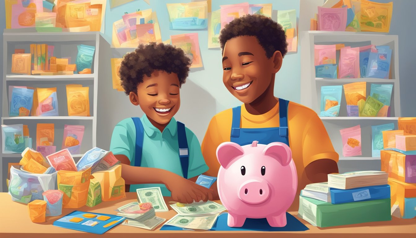 A child happily receives a piggy bank from a friendly bank teller, surrounded by colorful posters advertising special perks and features for young savers