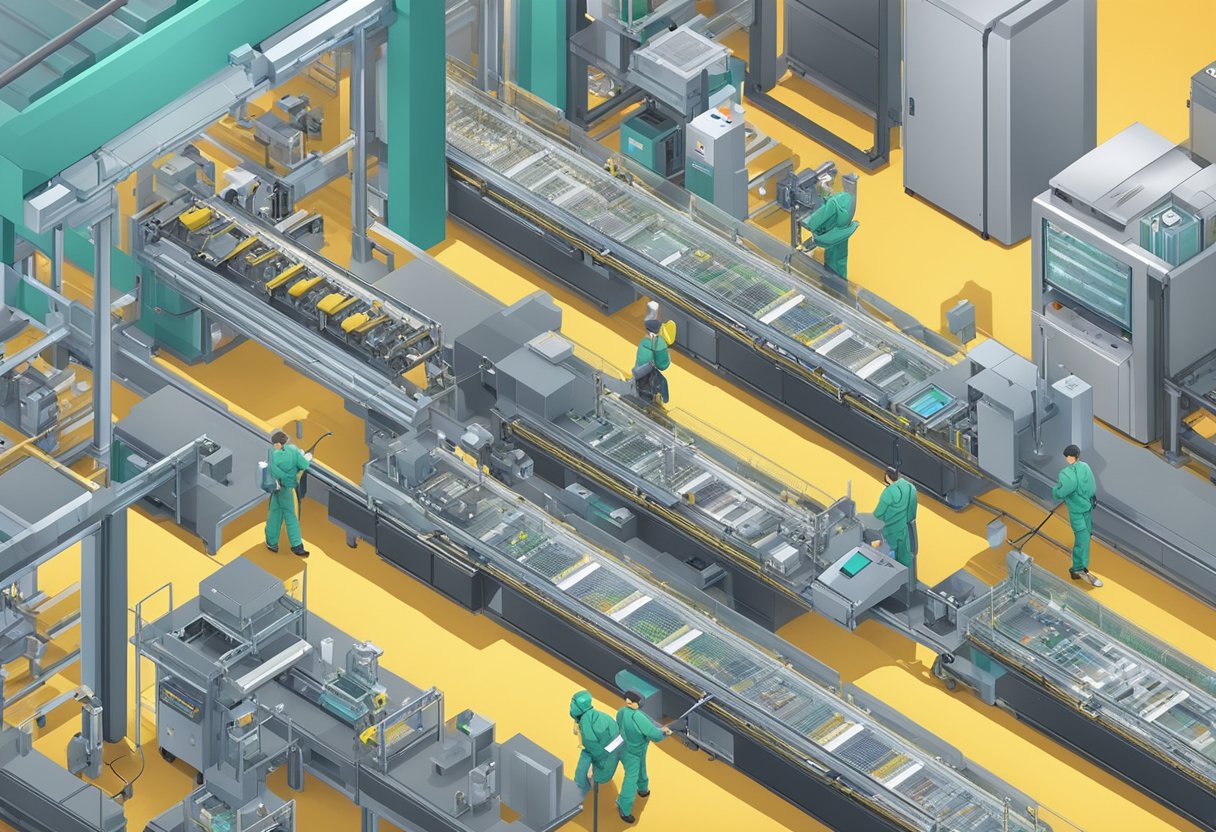A conveyor belt transports electronic components to be assembled on a circuit board by robotic arms in a clean and well-lit manufacturing facility