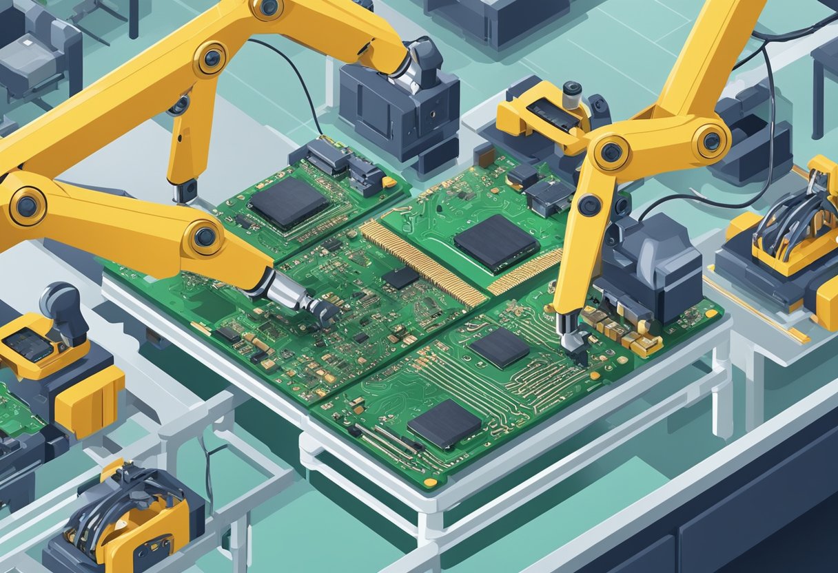PCB components being assembled onto a circuit board by robotic arms in a manufacturing facility
