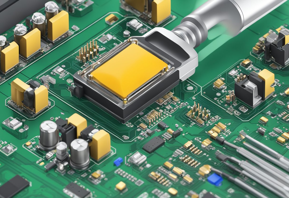Soldering iron joins components on PCB. Automated machines place and solder parts. Inspection for quality control