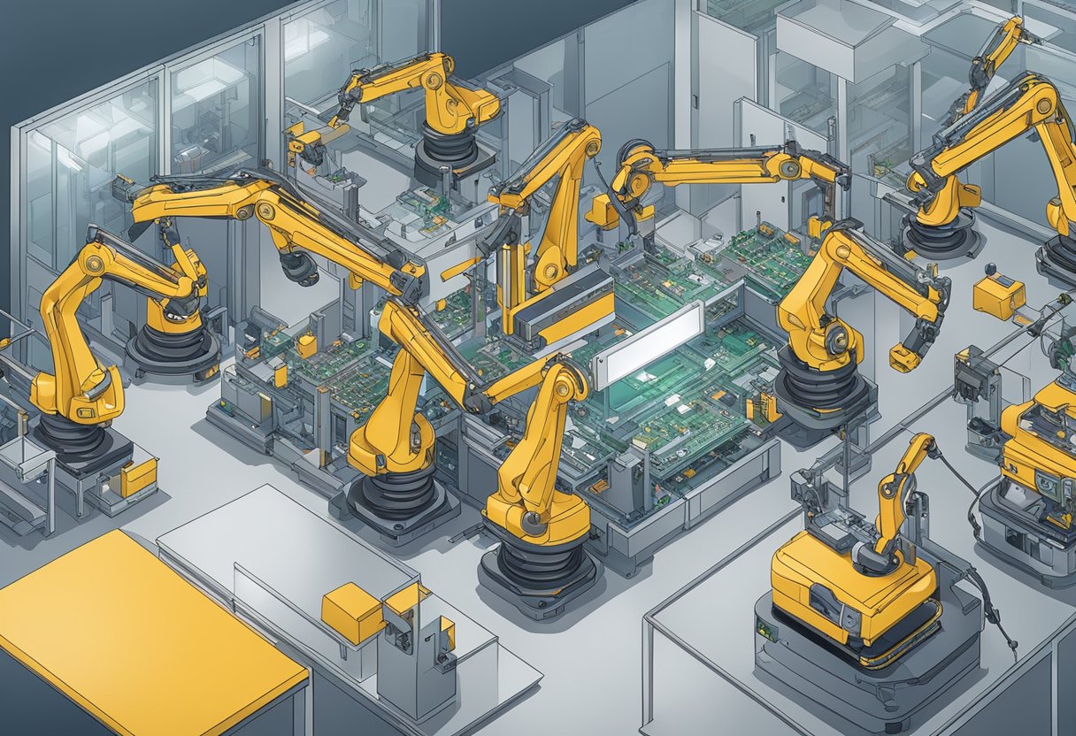 PCB components being assembled by robotic arms in a manufacturing facility