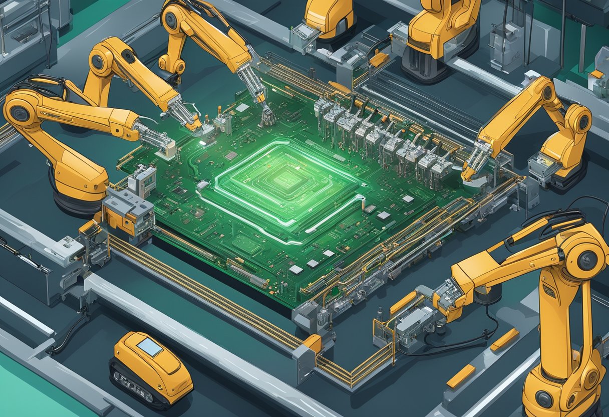 An array of circuit boards being assembled by robotic arms in a high-tech manufacturing facility