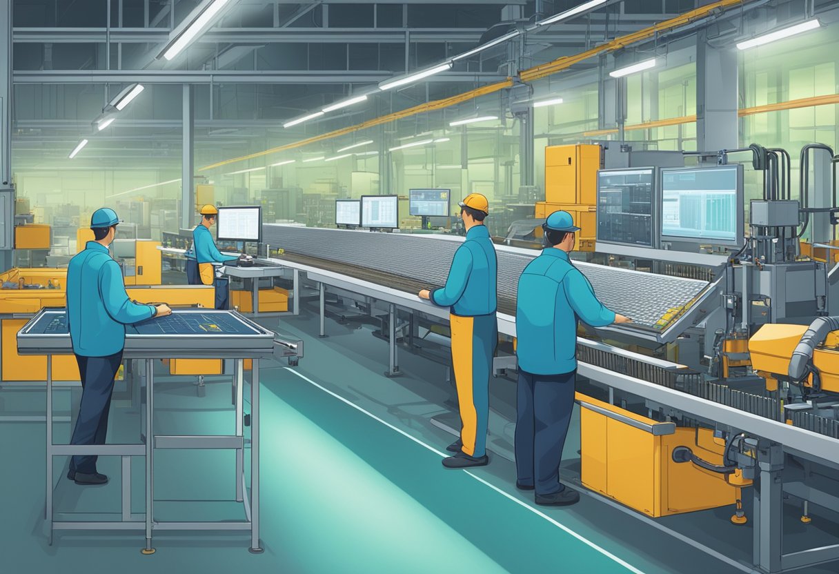 A factory floor with automated machinery assembling PCBs, workers monitoring production, and a supervisor overseeing the process