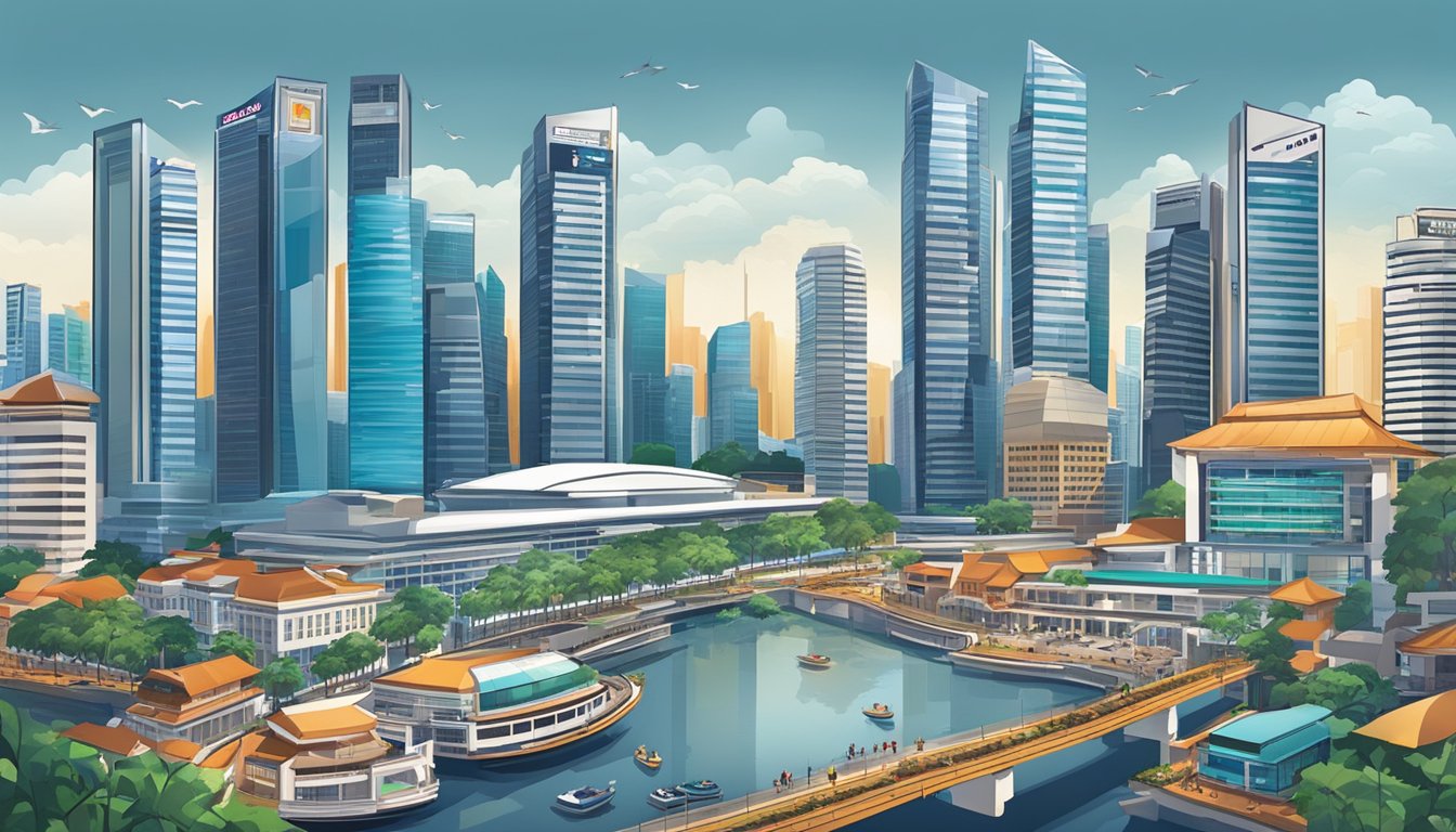 A bustling Singapore cityscape with prominent bank logos and modern office buildings