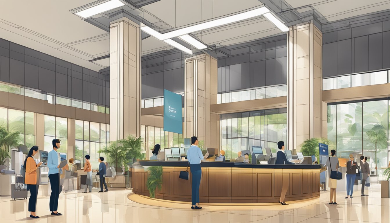 A bustling bank lobby in Singapore, with employees assisting customers and a prominent "Frequently Asked Questions" display