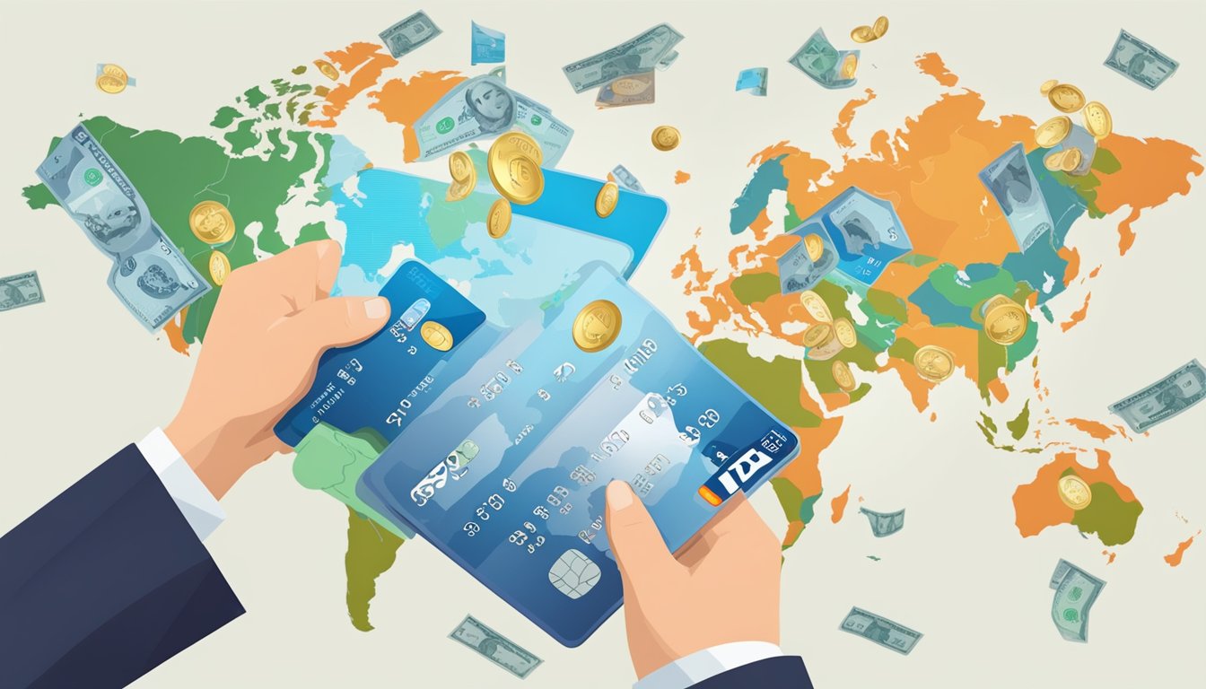 A traveler comparing credit cards with a world map and currency symbols in the background
