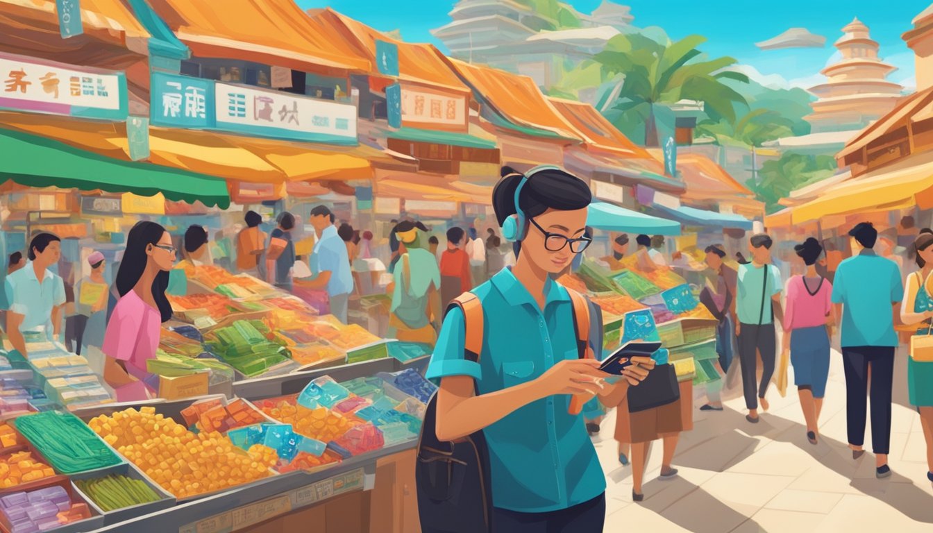 A traveler swipes a credit card at a bustling foreign market, surrounded by vibrant colors and exotic goods. The card prominently displays "Maximising Rewards on Foreign Transactions" and "best card for overseas spend singapore."