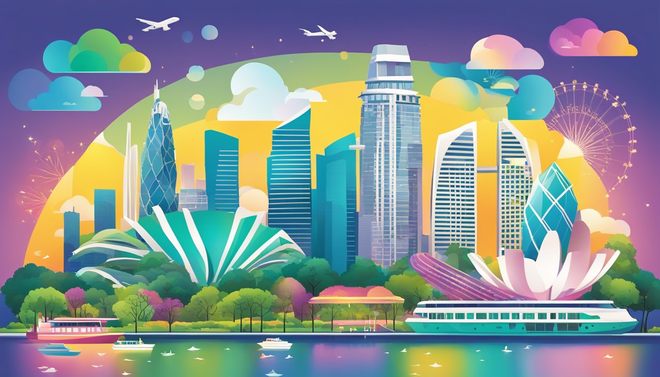 A colorful and vibrant cityscape with iconic landmarks from Singapore, such as the Marina Bay Sands and the Gardens by the Bay, with a focus on a credit card featuring the text "Overseas Expenditure Cards."