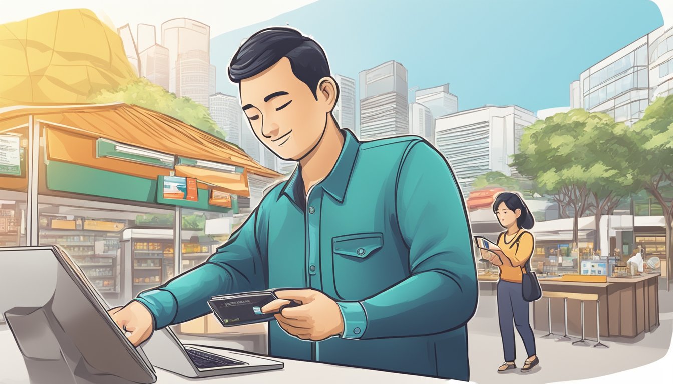 A traveler swiping a credit card at a foreign merchant, with a map of Singapore in the background