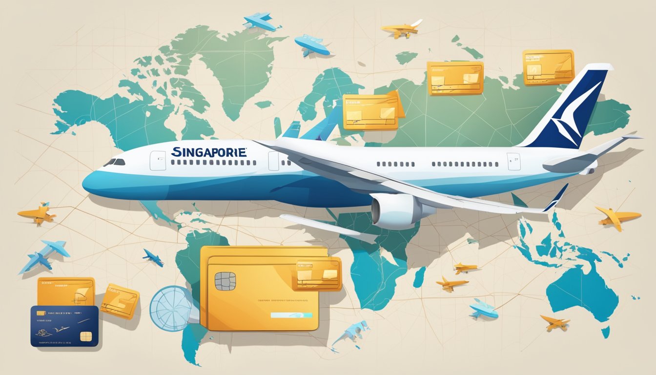 A credit card surrounded by airplane symbols, with a map of Singapore in the background and a pile of airline miles stacking up next to it