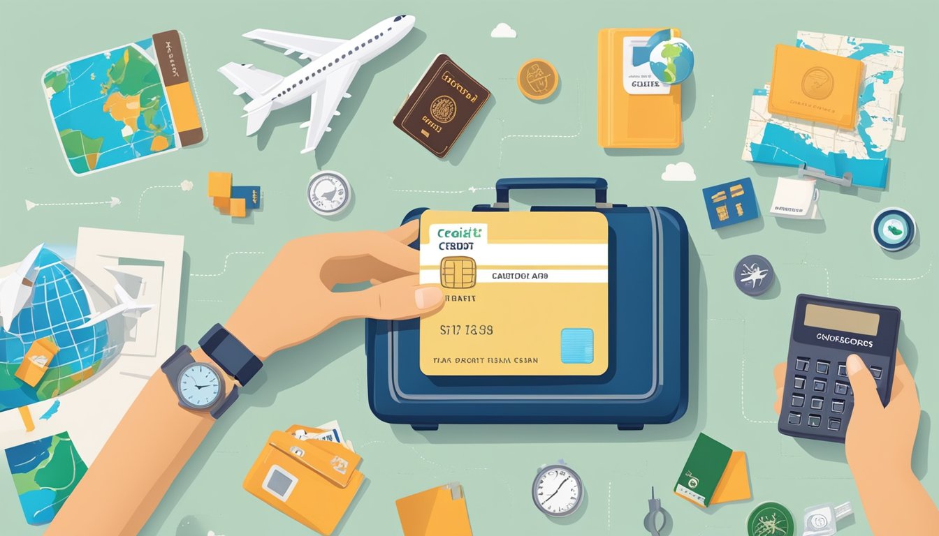 A hand holding a credit card with a plane icon, surrounded by travel essentials like a passport, suitcase, and map