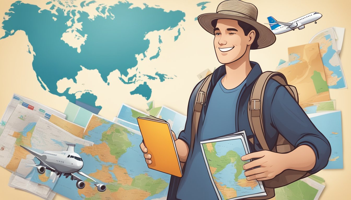 A traveler holding a credit card with an airplane logo, surrounded by travel brochures and a world map