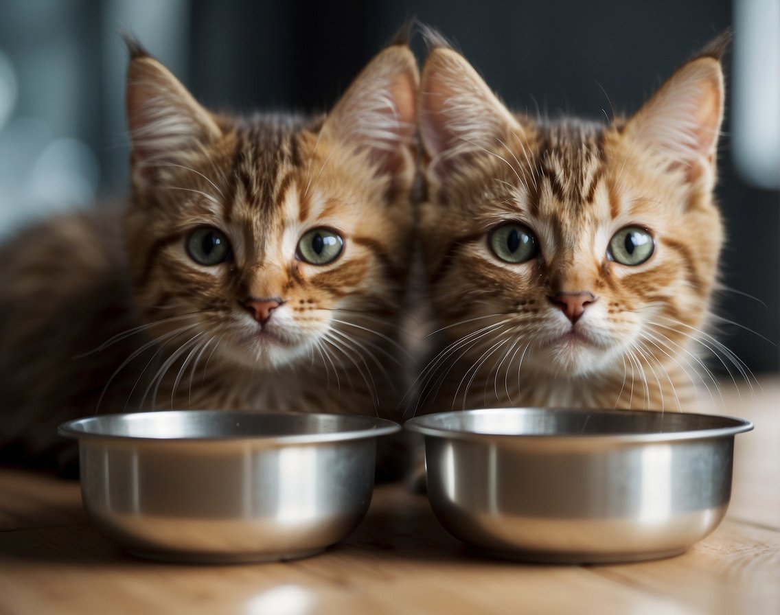 Three hungry kittens wait by empty food bowls, looking up expectantly