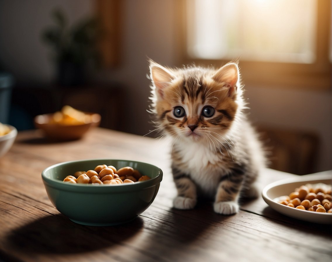 A small kitten sits beside an empty food bowl, looking up expectantly. The room is warm and cozy, with a soft bed in the corner