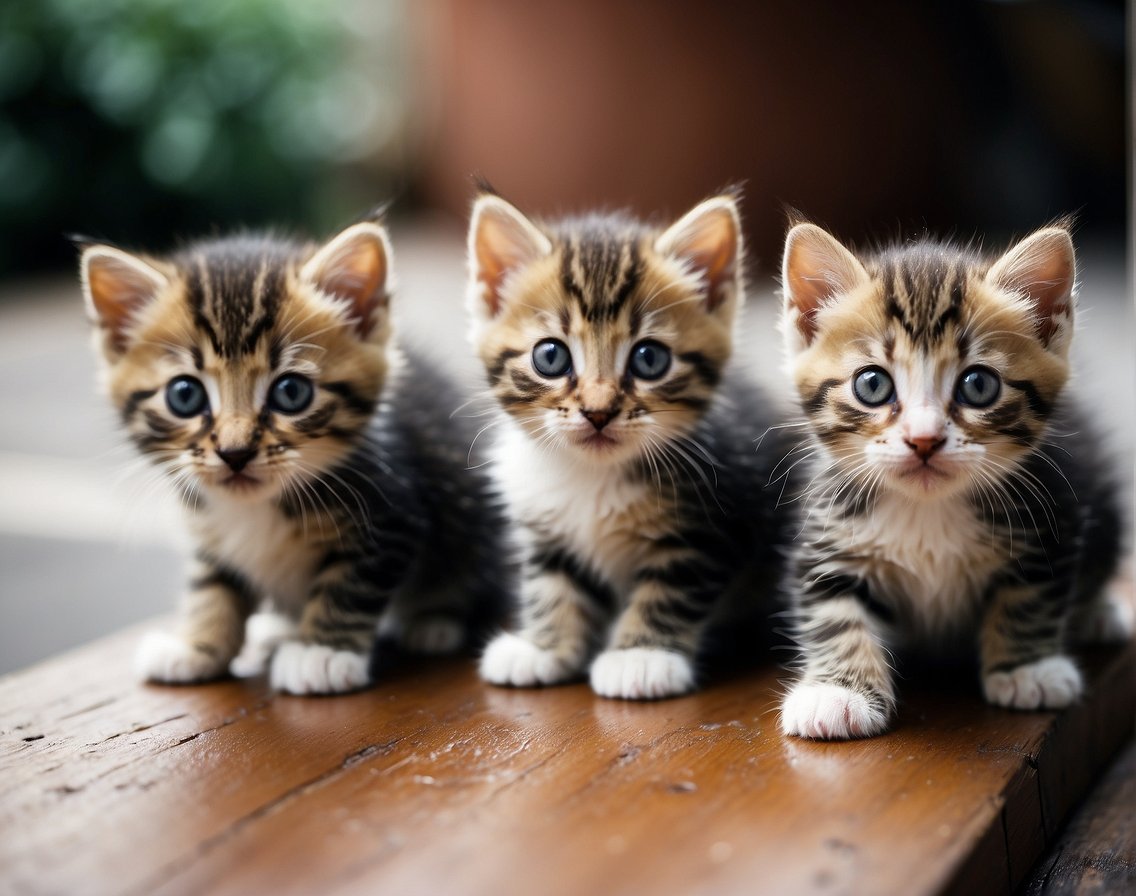 A group of hungry kittens eagerly searching for food, their small bodies showing signs of weakness and distress