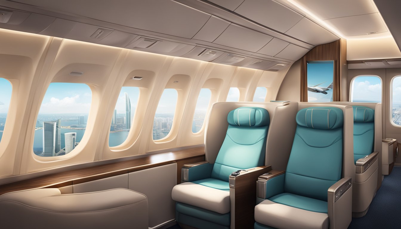 A luxurious airplane cabin with plush seats, elegant decor, and a view of the Singapore skyline