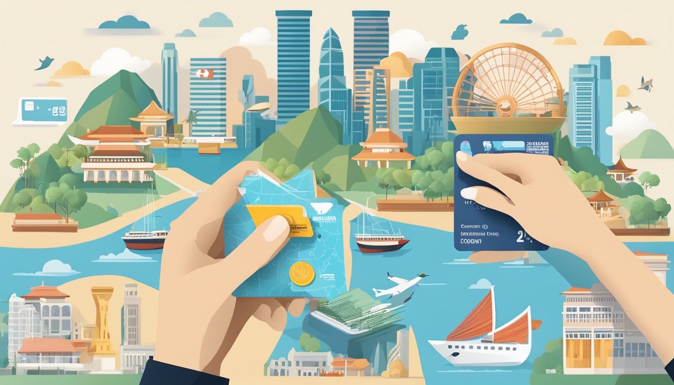 A hand holding a credit card with a map of Singapore in the background, surrounded by icons representing travel, dining, and shopping