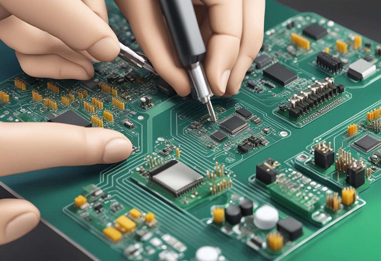 Multiple electronic components being carefully placed and soldered onto a custom PCB board