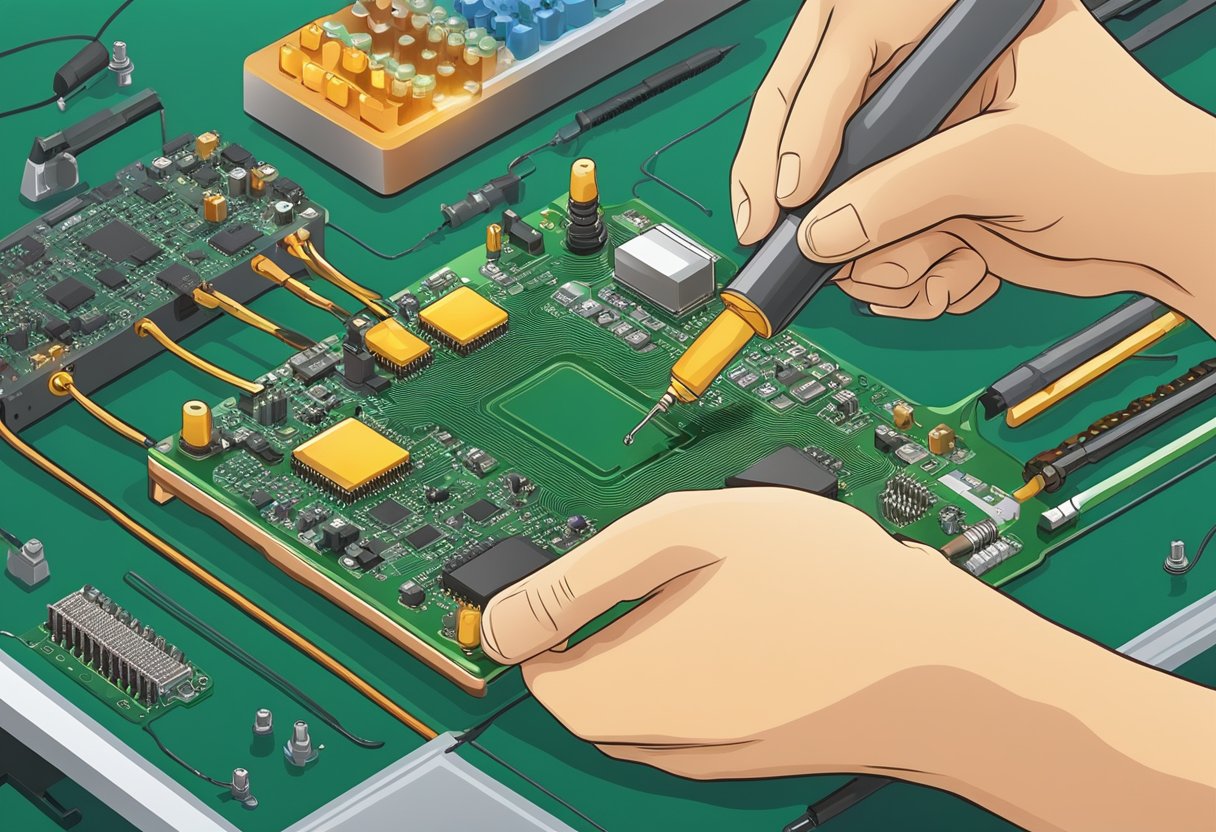 Components being placed onto a printed circuit board. Soldering iron melting solder onto connections. Inspection of completed PCB