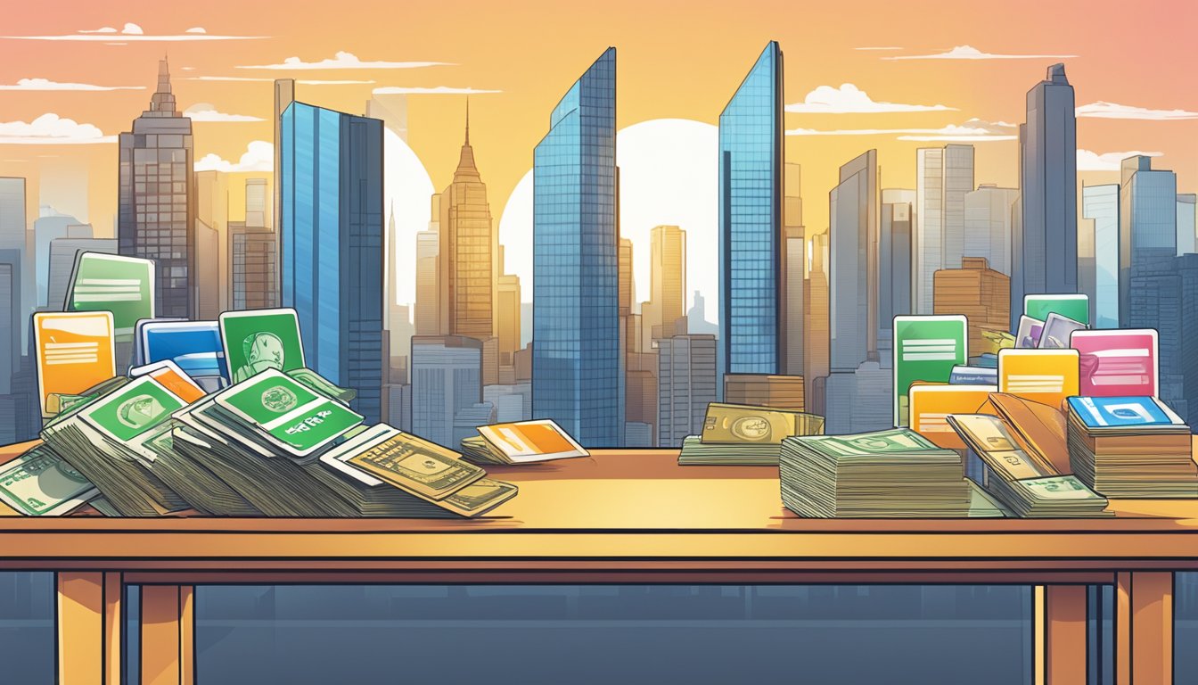 A table with various credit cards, each displaying their unique cash back features, set against a modern city skyline backdrop