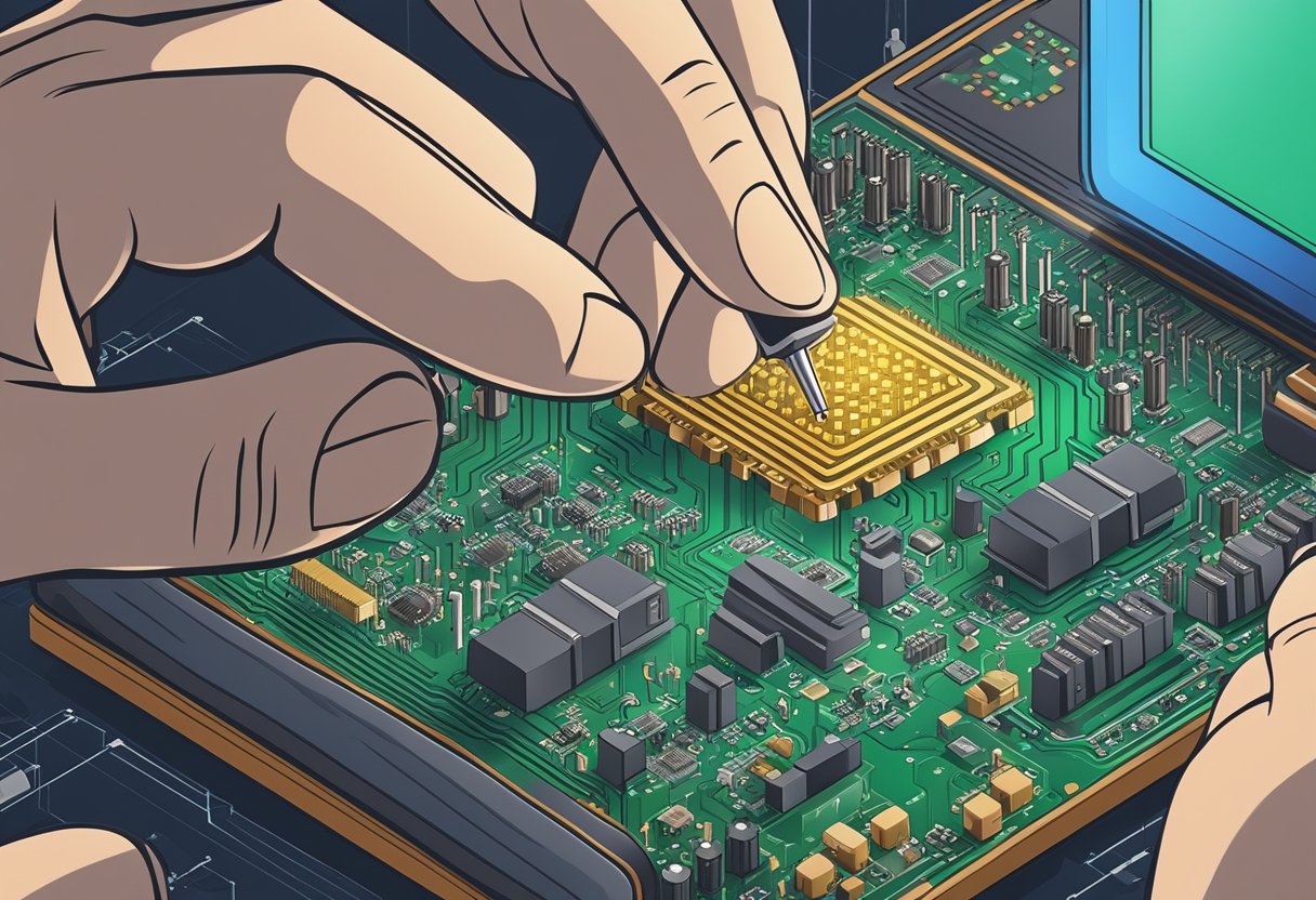 A technician carefully places electronic components onto a printed circuit board, following a detailed assembly quote