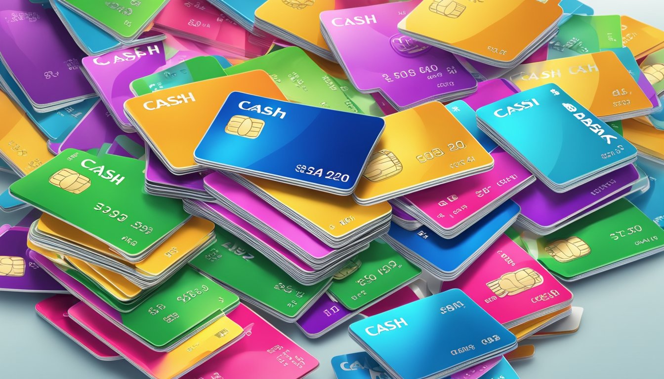 A stack of colorful credit cards with "cash back" logos, surrounded by dollar signs and shopping bags