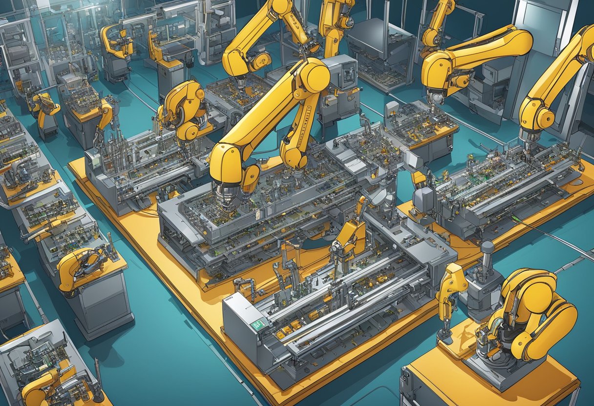 An assembly line of robotic arms meticulously placing components onto a circuit board with precision and speed