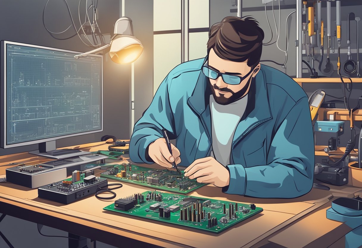 A technician assembles PCB components on a workbench with soldering equipment and testing tools nearby