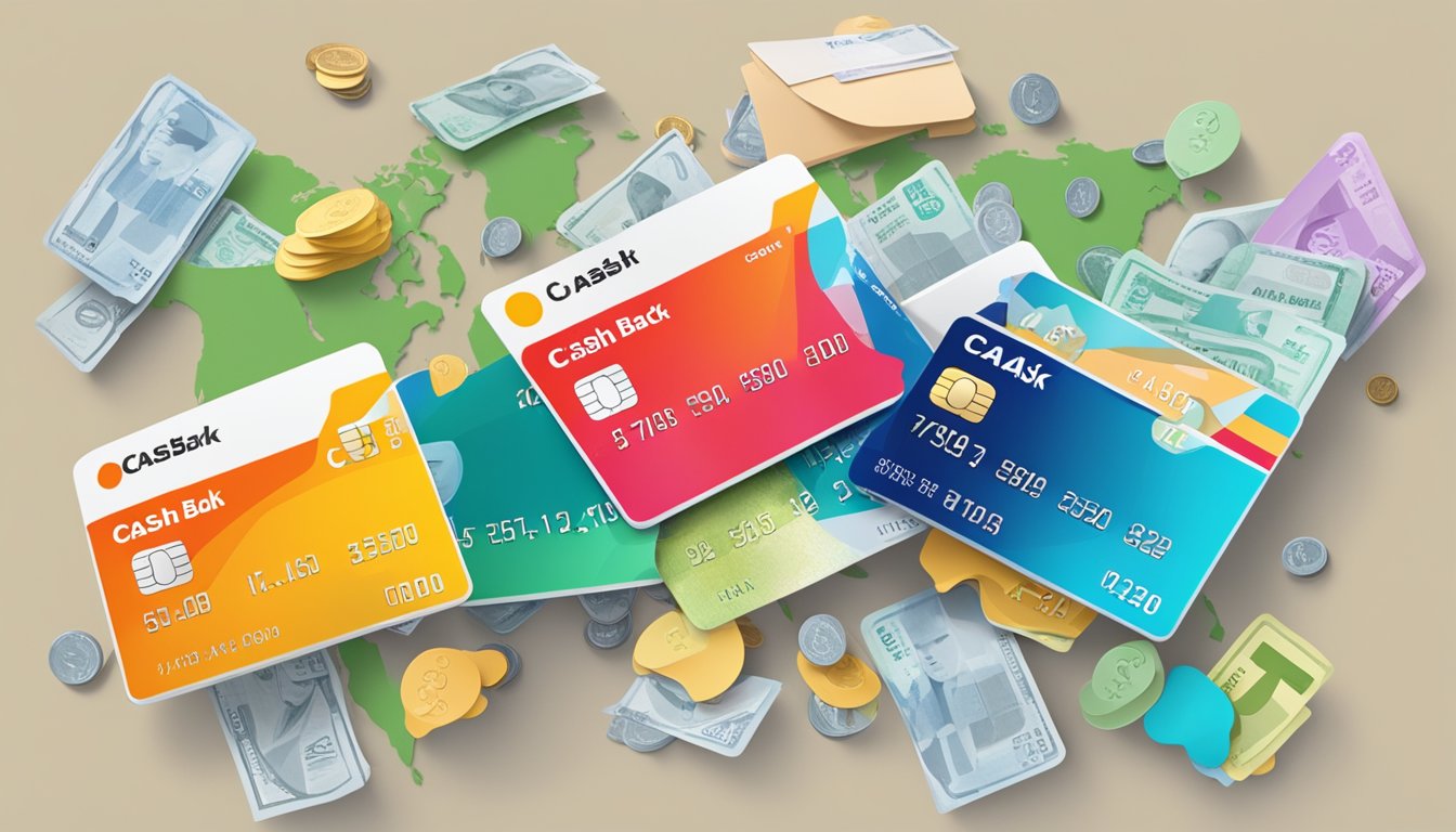 A stack of credit cards with "Cash Back" logos, surrounded by question marks and a map of Singapore